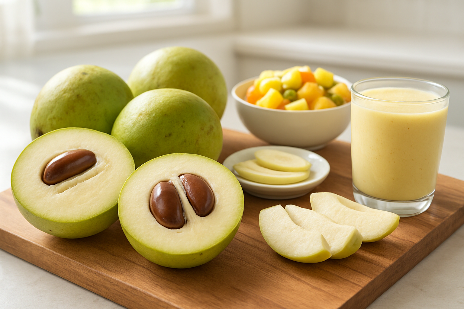 Create a realistic image of fresh Casimiroa fruits cut open to show their creamy white flesh and large brown seeds, arranged on a wooden cutting board alongside various serving suggestions including sliced pieces on small plates, a smoothie glass filled with pale yellow Casimiroa blend, and a bowl of fruit salad containing Casimiroa chunks mixed with other tropical fruits, set against a bright kitchen counter background with natural daylight streaming in, creating an inviting and appetizing food photography scene that showcases the fruit's texture and culinary versatility, absolutely NO text should be in the scene.