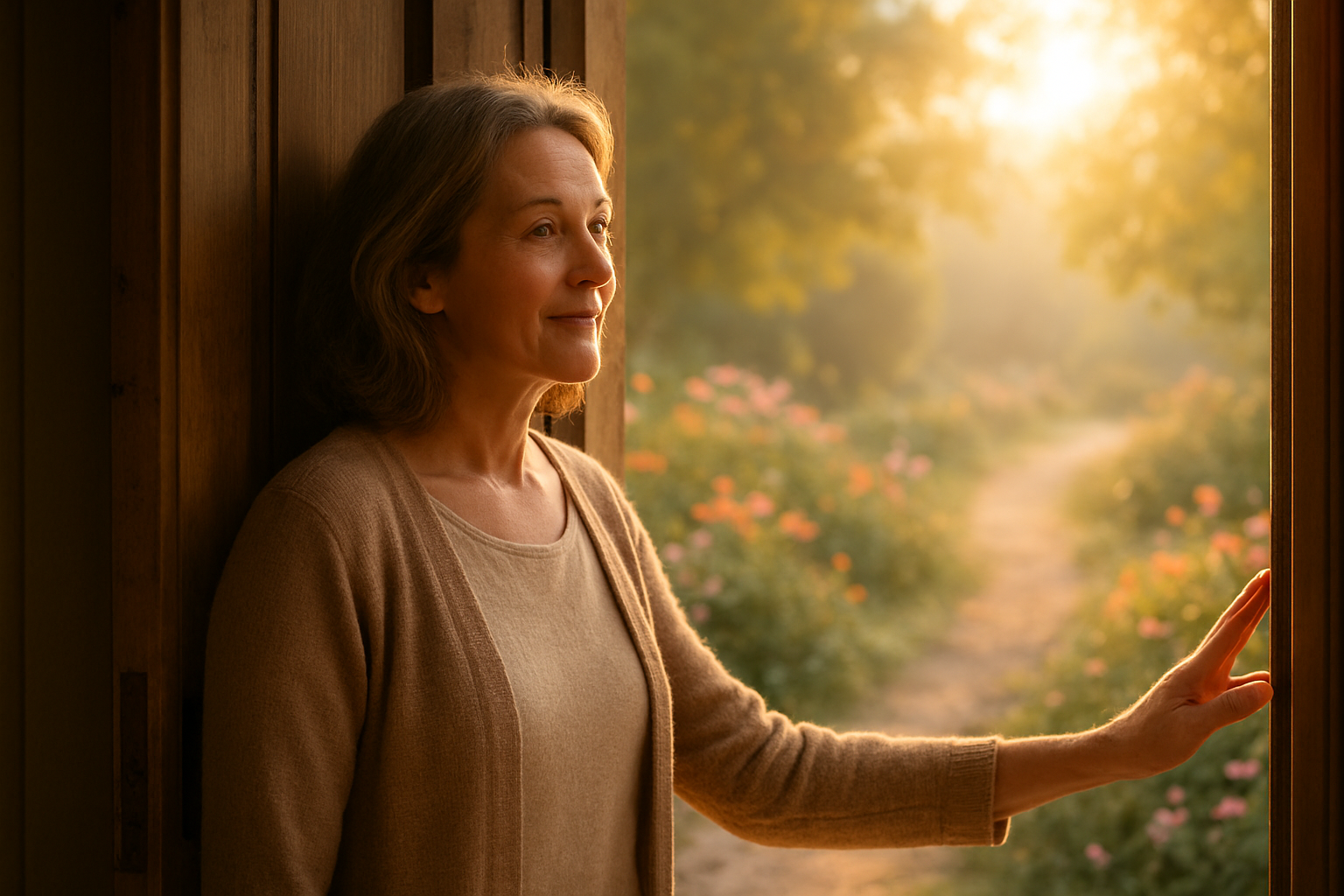 Create a realistic image of a middle-aged white woman standing at an open wooden door with warm golden sunlight streaming through the doorway, her hand gently touching the door frame as she looks out toward a bright garden with blooming flowers and a peaceful pathway, soft morning light illuminating her face with a gentle expression of hope and contemplation, warm earth tones and soft pastels creating an atmosphere of renewal and possibility, absolutely NO text should be in the scene.