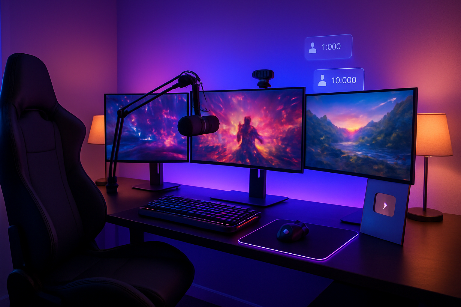Create a realistic image of a modern gaming setup with multiple monitors displaying colorful video game footage, a professional gaming chair, RGB lighting casting purple and blue glows, a high-end microphone on a boom arm, a streaming camera, gaming peripherals including mechanical keyboard and gaming mouse, YouTube play button visible on desk, subscriber count notifications floating as holographic elements in the air, warm ambient lighting from desk lamps, clean organized workspace background, absolutely NO text should be in the scene.