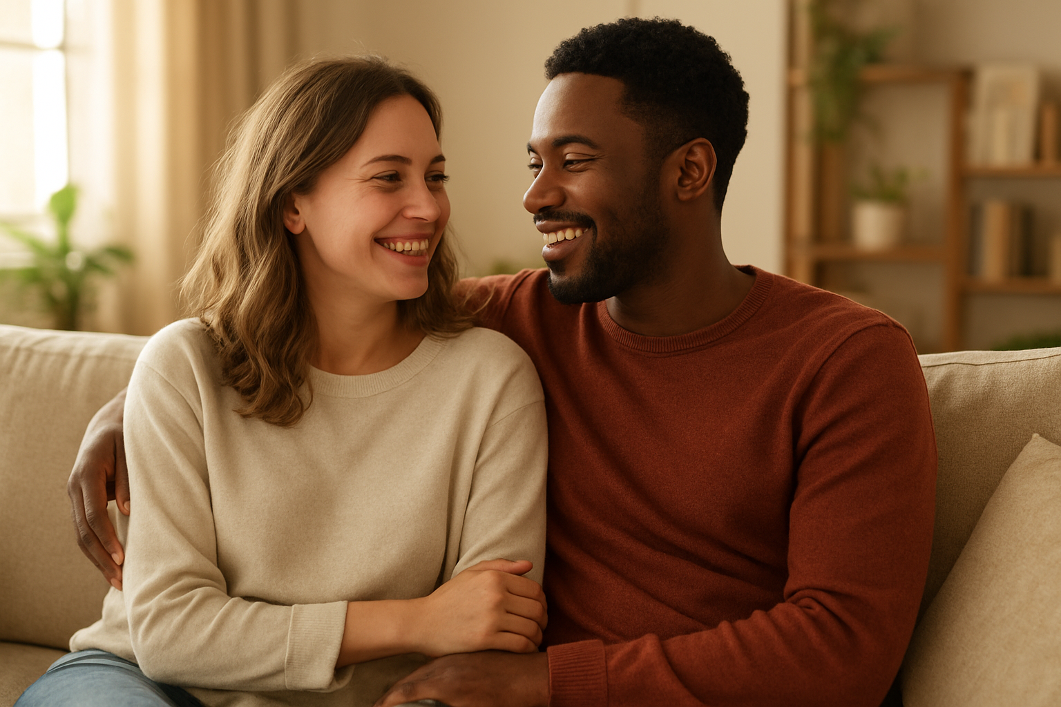 Create a realistic image of a diverse couple, one white female and one black male, sitting close together on a comfortable couch in a warm, sunlit living room, both smiling genuinely while looking at each other with contentment and love in their eyes, soft natural lighting streaming through nearby windows creating a cozy atmosphere, with subtle home elements like plants and books in the softly blurred background suggesting a shared peaceful life together, the overall mood conveying happiness, connection, and harmony between two people who clearly belong together, absolutely NO text should be in the scene.