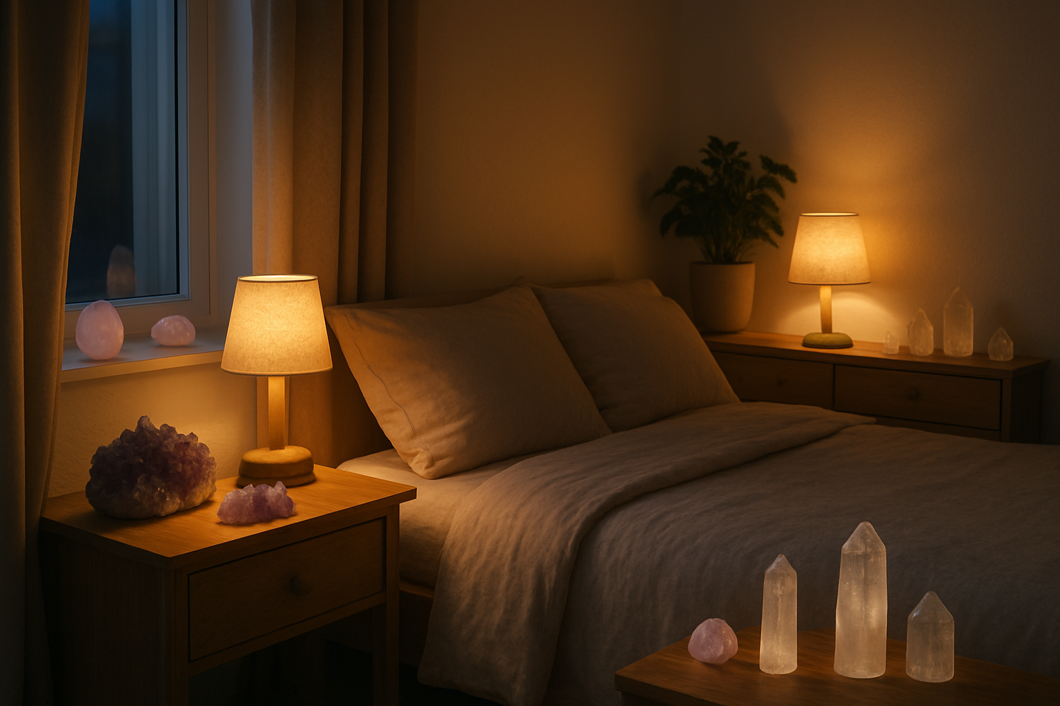 Create a realistic image of a serene bedroom scene with various healing crystals arranged throughout the space, including amethyst clusters on a wooden nightstand, rose quartz stones placed on windowsills, selenite towers positioned near the bed, and clear quartz crystals arranged on a dresser, soft ambient lighting from warm bedside lamps creating a peaceful atmosphere, comfortable bed with neutral-colored linens, plants in the background, and a calm, restful mood perfect for sleep, shot during evening hours with gentle shadows. Absolutely NO text should be in the scene.