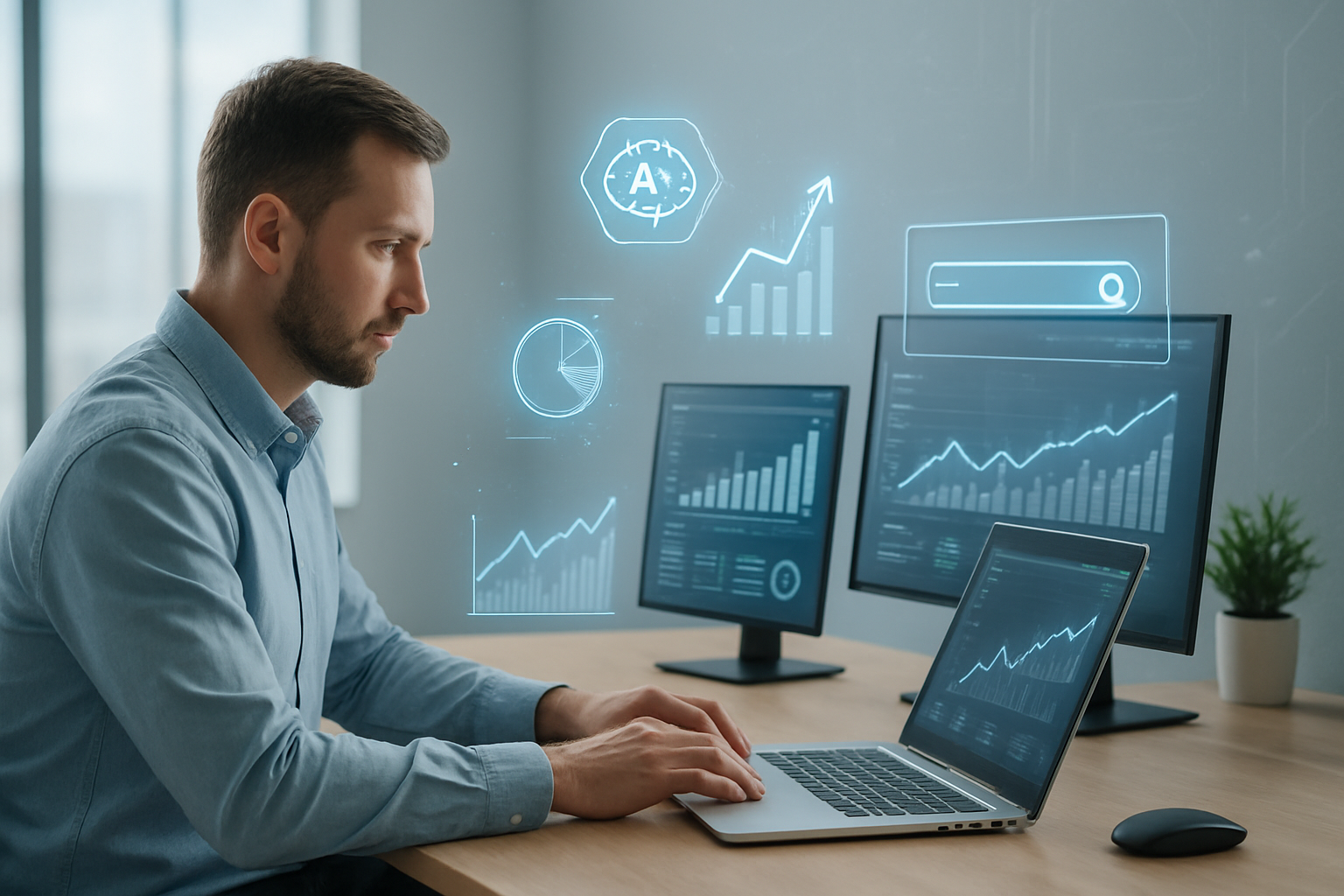Create a realistic image of a modern office workspace with a white male content creator sitting at a sleek desk, typing on a laptop with multiple screens displaying analytics dashboards and search ranking charts, surrounded by floating holographic AI icons and upward trending graphs, with a clean minimalist background featuring subtle tech elements, bright natural lighting from large windows, conveying innovation and digital authority in content marketing, absolutely NO text should be in the scene.