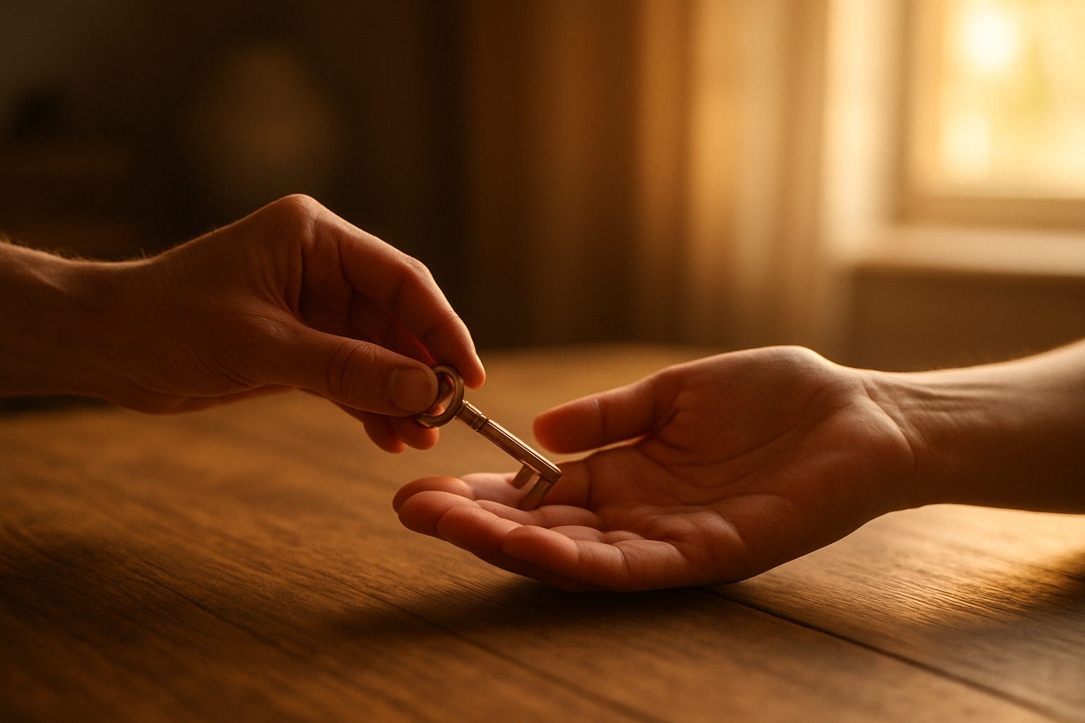 Create a realistic image of two hands reaching toward each other across a wooden table, one hand placing a small golden key into the open palm of the other hand, symbolizing trust being given and received, with soft warm lighting creating an intimate atmosphere, a cozy indoor setting with blurred background elements suggesting a home environment, the hands showing care and tenderness in the gesture, golden hour lighting streaming through a nearby window, creating a sense of warmth and connection between two people, absolutely NO text should be in the scene.