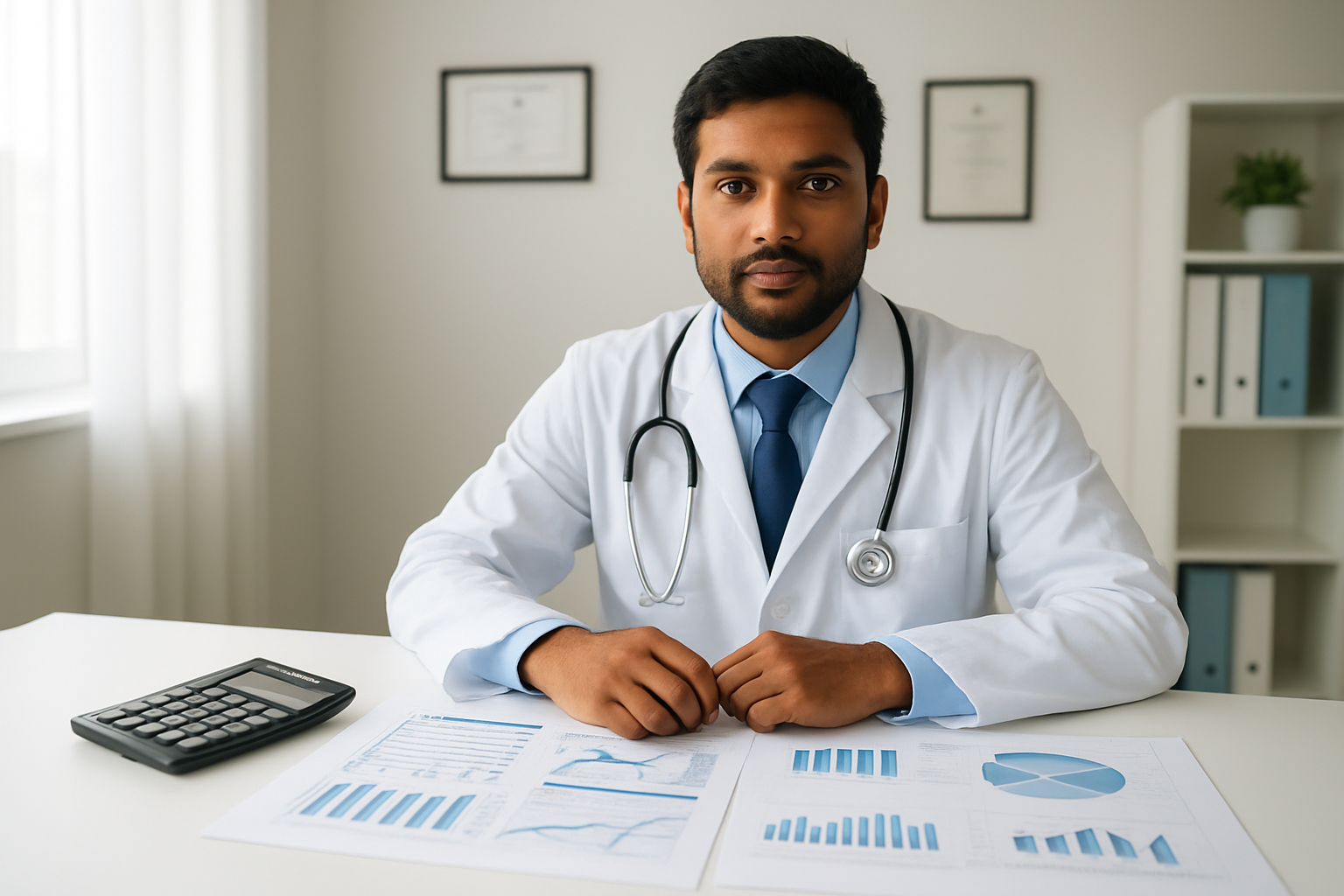 Create a realistic image of a modern medical consultation room with a clean white desk displaying financial documents, charts, and price comparison sheets spread out, a calculator and pen nearby, with a professional South Asian male doctor in a white coat sitting behind the desk, soft natural lighting from a window, clinical background with medical certificates on the wall, representing cost analysis for medical procedures, absolutely NO text should be in the scene.