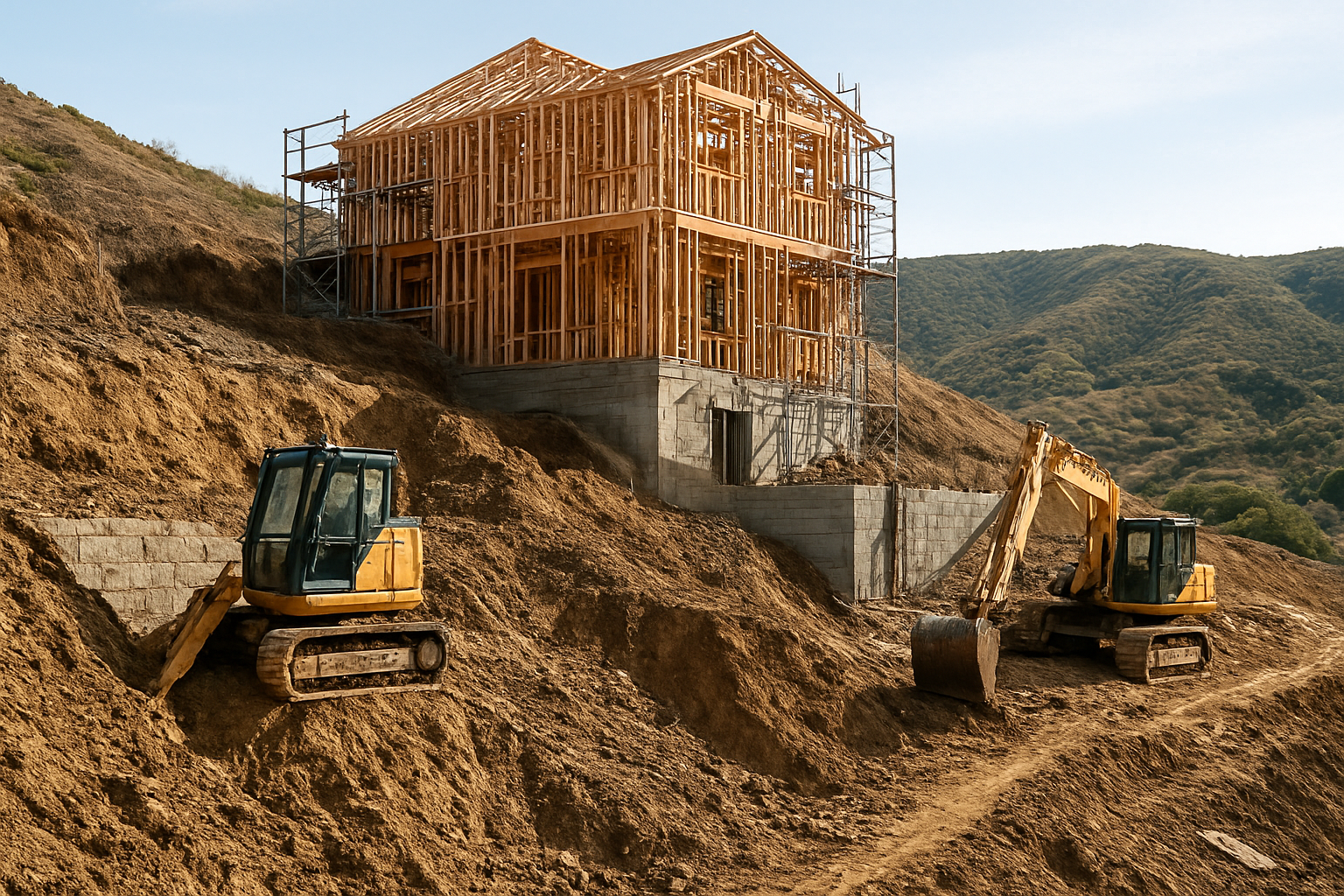Create a realistic image of a residential construction site on a steep sloped hillside showing the challenging terrain with exposed foundation work, retaining walls, and scaffolding where windows will be installed, featuring uneven ground levels, soil erosion concerns, and construction equipment positioned at difficult angles, with a partially built house frame visible against a backdrop of rolling hills, captured in natural daylight with clear visibility of the construction complexities and terrain difficulties. Absolutely NO text should be in the scene.