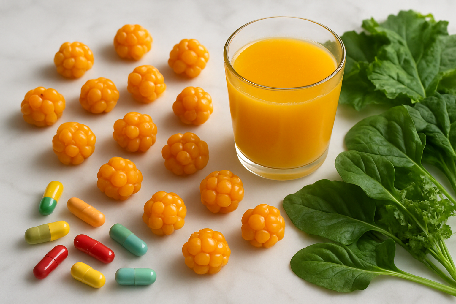 Create a realistic image of fresh cloudberries scattered on a white marble surface alongside colorful vitamin capsules, a glass of orange juice, and fresh green leafy vegetables like spinach and kale, with soft natural lighting from above creating gentle shadows, emphasizing the nutritional and health benefits of the golden-orange cloudberries which should be the main focus of the composition, absolutely NO text should be in the scene.