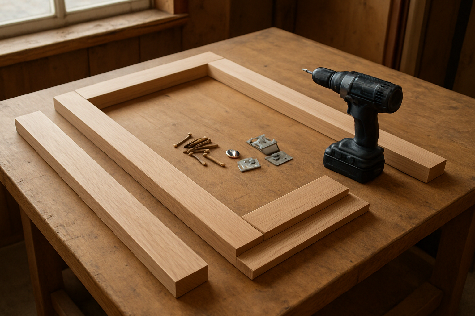 Create a realistic image of wooden door frame components laid out on a workbench including vertical jambs, horizontal header piece, and threshold sill, with wood screws, corner brackets, and a drill nearby, showing the preparation stage for assembling a sturdy door frame foundation, workshop setting with natural lighting from a window, absolutely NO text should be in the scene.