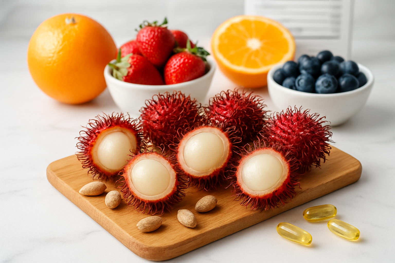Create a realistic image of fresh rambutan fruits cut open to reveal their translucent white flesh, arranged alongside a wooden cutting board with scattered rambutan seeds, surrounded by colorful fresh fruits like oranges and berries, with vitamin supplement capsules and a nutrition facts chart visible in the background, all set on a clean white marble kitchen countertop with soft natural lighting streaming from the side, emphasizing the vibrant red spiky exterior and nutritious interior of the rambutans. Absolutely NO text should be in the scene.