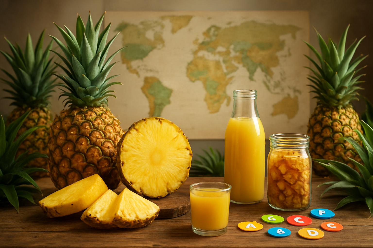 Create a realistic image of a beautifully arranged display showcasing the complete pineapple story with fresh whole pineapples, sliced pineapple rings, and chunks arranged on a rustic wooden table, surrounded by pineapple plants with their distinctive spiky leaves, a world map showing tropical cultivation regions in soft focus in the background, various pineapple-based products like juice and dried pieces, and nutritional elements subtly represented through colorful vitamin symbols, all captured in warm natural lighting that emphasizes the golden yellow color of the fruit, creating an educational and appetizing conclusion scene that summarizes the botanical, nutritional, cultural, and economic significance of pineapples, absolutely NO text should be in the scene.