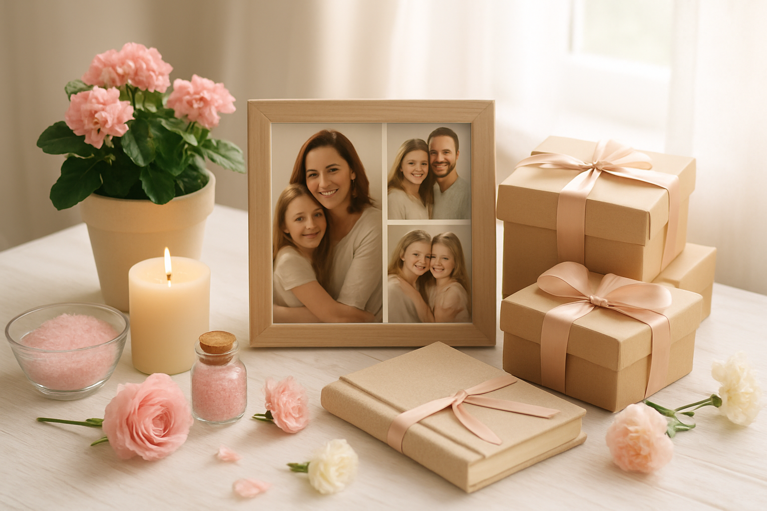 Create a realistic image of a beautifully arranged collection of Mother's Day gifts on a white wooden table including a personalized photo frame with family pictures, spa items like candles and bath salts, a potted flowering plant, wrapped gift boxes with elegant ribbons, a journal or book, and fresh pink and white flowers scattered around the arrangement, with soft natural lighting from a nearby window creating a warm and loving atmosphere, absolutely NO text should be in the scene.