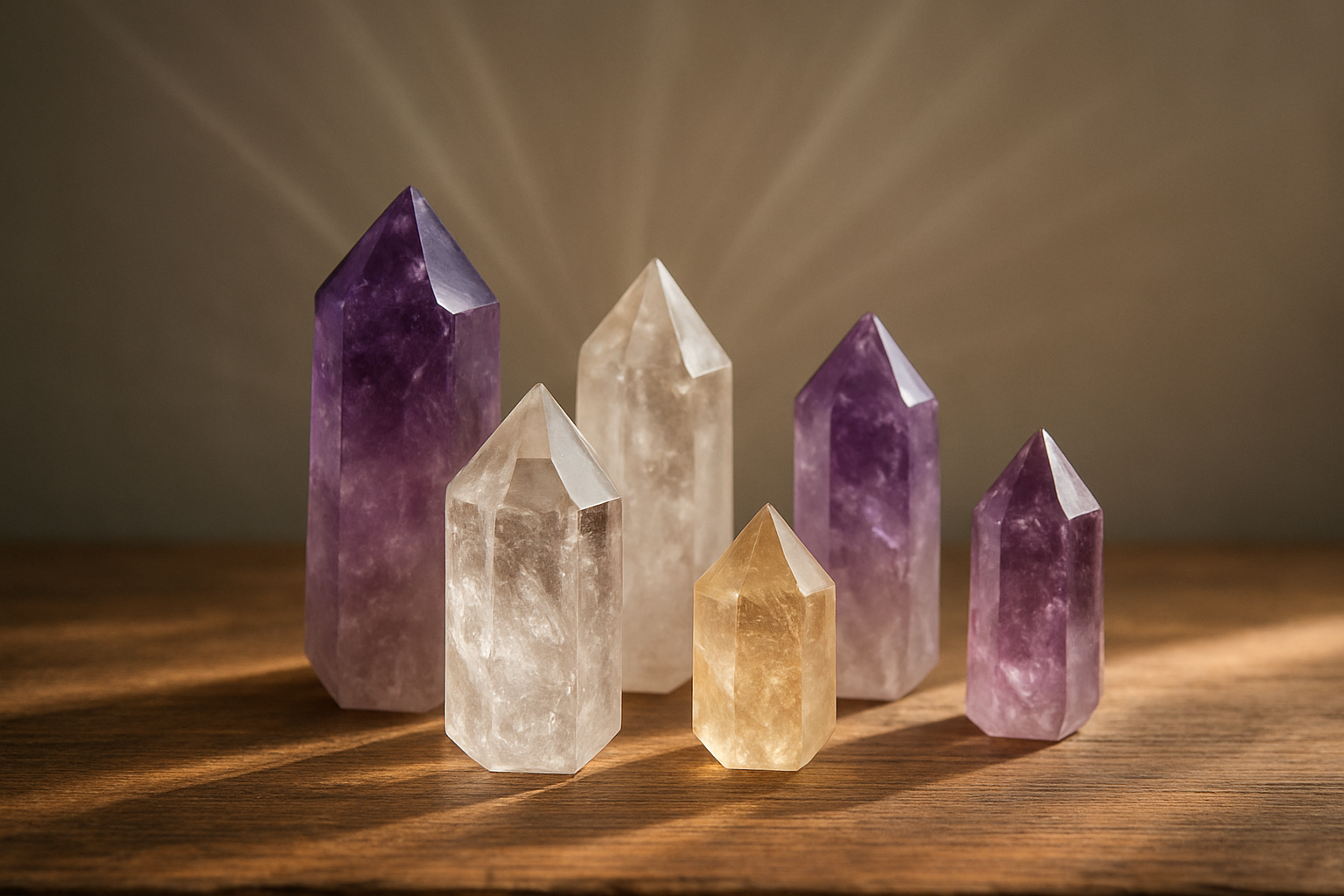 Create a realistic image of several crystal points of varying sizes arranged on a natural wooden surface, including clear quartz, amethyst, and citrine points with their sharp terminations clearly visible, with soft directional lighting creating subtle energy-like light rays emanating from the crystal tips, set against a neutral background with gentle shadows that emphasize the pointed formations and their upward energy flow, captured in warm natural lighting that highlights the transparency and internal structure of each crystal point, absolutely NO text should be in the scene.