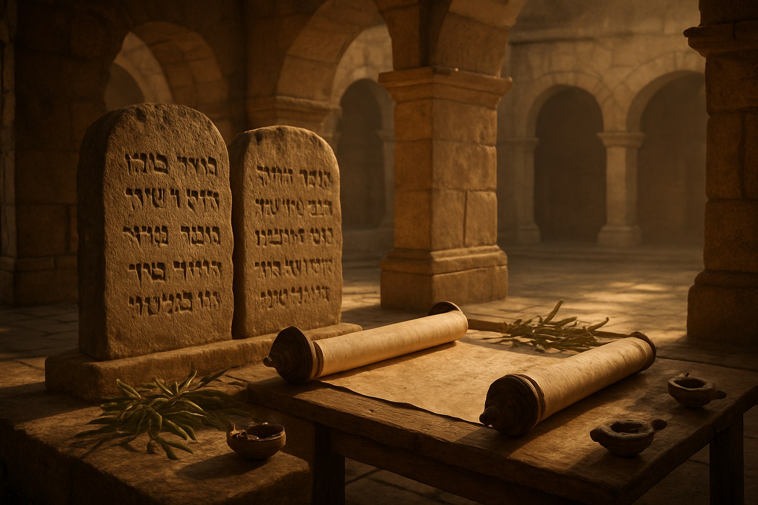 Create a realistic image of an ancient Hebrew temple courtyard with warm golden sunlight filtering through stone archways, featuring weathered stone tablets with Hebrew inscriptions, scrolls partially unrolled on a wooden table, olive branches and ancient oil lamps scattered around, with soft morning light creating gentle shadows across the sacred space, conveying a sense of reverence and spiritual foundation, absolutely NO text should be in the scene.