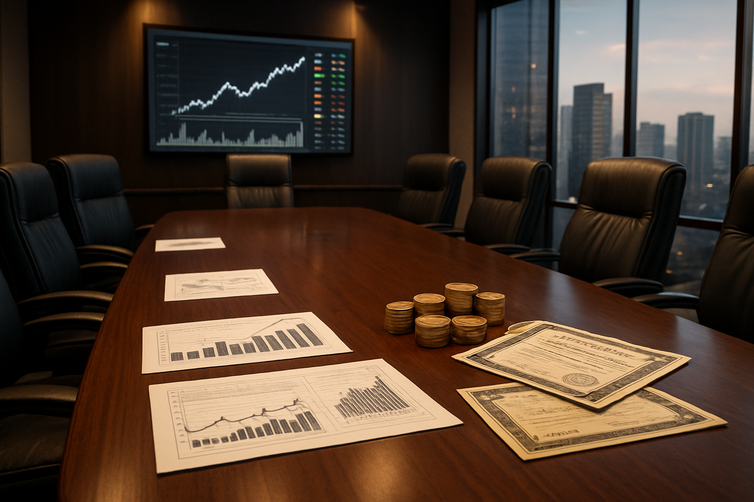 Create a realistic image of a modern corporate boardroom with a polished wooden conference table displaying financial documents, stock charts showing upward trends, and dividend payment schedules, surrounded by leather executive chairs, with a large wall-mounted screen showing stock market data and company performance metrics, professional lighting creating a sophisticated business atmosphere, golden coins and stock certificates artistically arranged on the table representing bonus shares and dividends, floor-to-ceiling windows showing a city skyline in the background, warm ambient lighting suggesting success and growth, absolutely NO text should be in the scene.