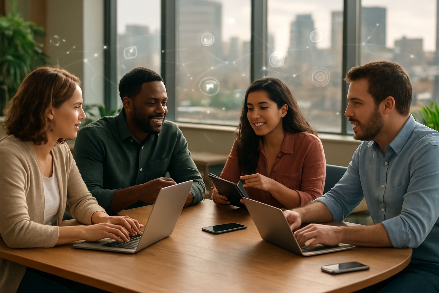 Create a realistic image of a diverse group of people including white, black, and Hispanic individuals of mixed genders sitting in a modern coworking space around a large wooden table with laptops, tablets, and smartphones, engaging in collaborative discussion while digital connectivity icons and network visualization graphics float subtly in the air around them, with large windows showing a vibrant cityscape in the background, warm natural lighting creating an optimistic and forward-thinking atmosphere, people are pointing at devices and gesturing as if sharing ideas, with potted plants and contemporary furniture completing the scene, absolutely NO text should be in the scene.