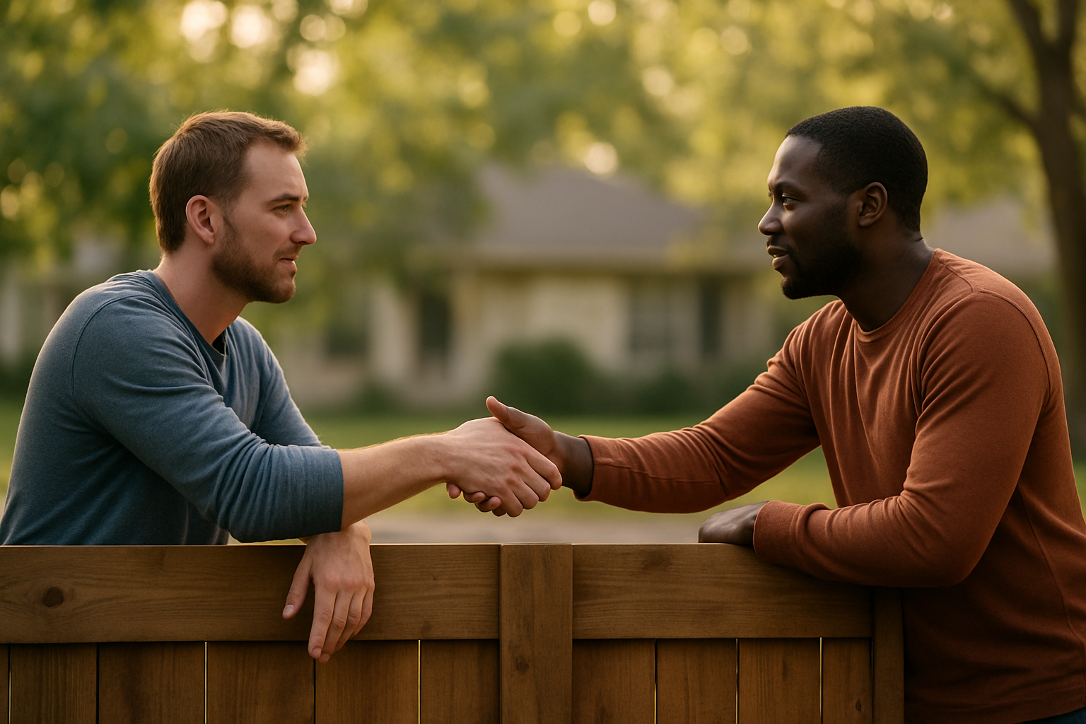 Create a realistic image of two adult males of different races (one white, one black) standing on opposite sides of a wooden fence or barrier, both reaching over the obstacle with their hands extended toward each other in a gesture of connection and friendship, set in a peaceful suburban neighborhood with soft natural lighting filtering through trees in the background, conveying a mood of hope and reconciliation as they work to overcome the physical and symbolic divide between them. Absolutely NO text should be in the scene.