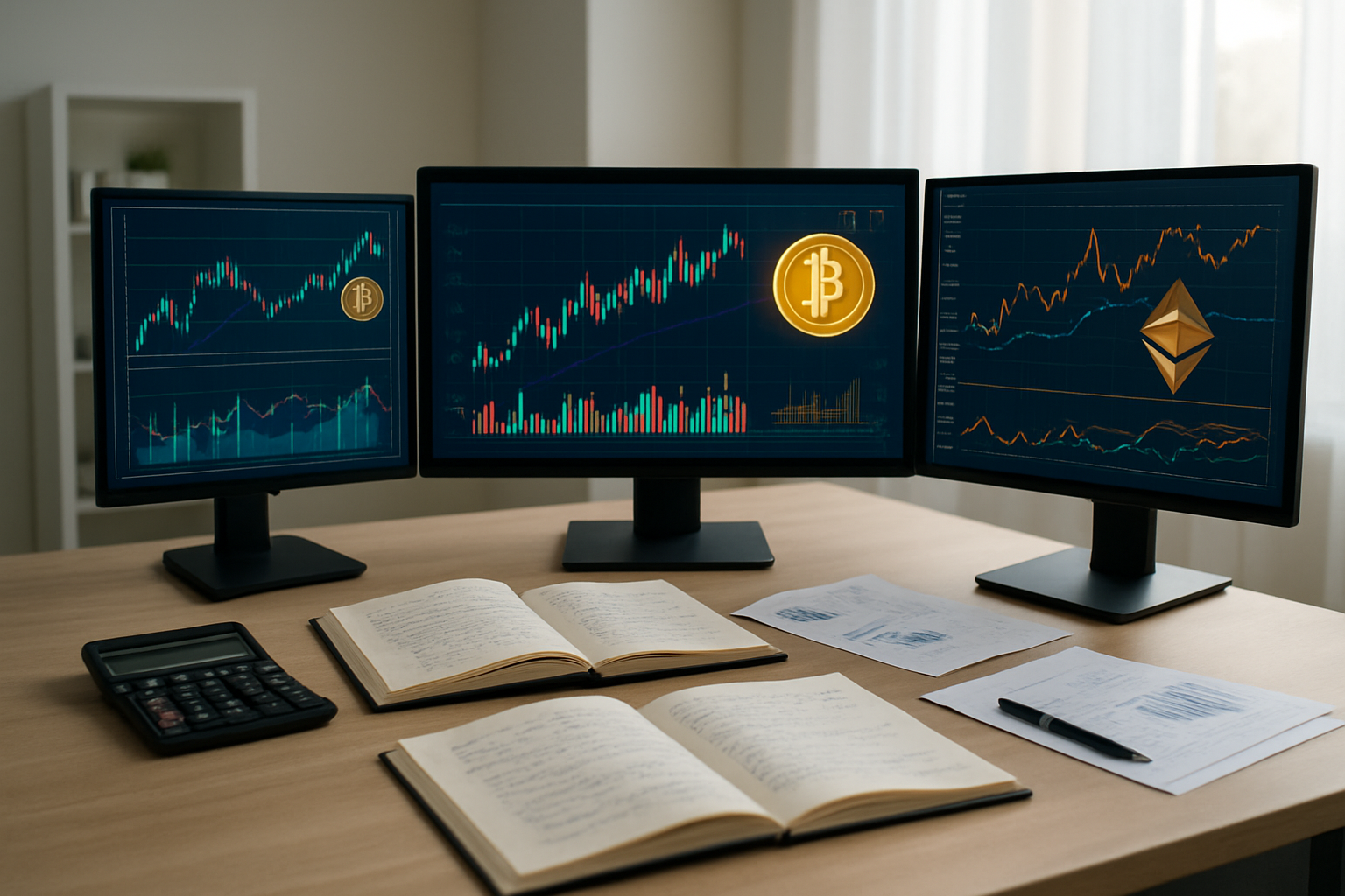 Create a realistic image of a modern desk setup with multiple computer monitors displaying colorful cryptocurrency charts, graphs, and digital coin symbols like Bitcoin and Ethereum, surrounded by educational materials including open notebooks with handwritten notes, a calculator, and financial documents, with a clean office environment in the background featuring soft natural lighting from a window, creating a professional and focused learning atmosphere for investment research, absolutely NO text should be in the scene.
