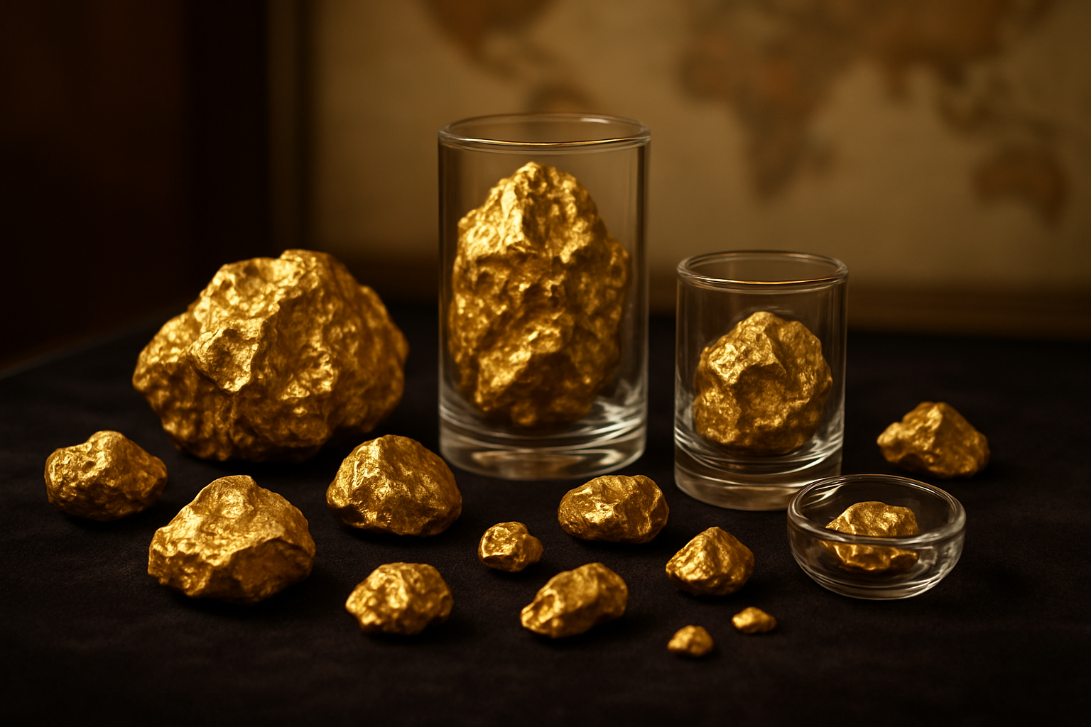 Create a realistic image of premium gold nuggets of various sizes displayed on a dark velvet surface, with some nuggets arranged in small glass containers and others scattered naturally, featuring rich golden metallic textures with natural rough surfaces and smooth polished areas, illuminated by soft warm lighting that highlights the lustrous golden shine and creates subtle shadows, with a world map blurred in the background suggesting global sourcing, captured in an upscale jewelry store or precious metals dealer setting with elegant presentation, absolutely NO text should be in the scene.