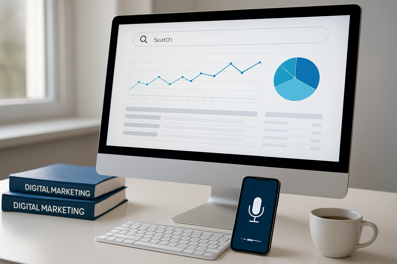 Create a realistic image of a modern digital workspace showing a computer screen displaying search analytics with long conversational search phrases and traffic data visualizations, with a smartphone nearby showing voice search interface, sitting on a clean white desk with some digital marketing books and a coffee cup, in a bright office environment with natural lighting from a window, creating a focused and professional atmosphere for SEO optimization work, absolutely NO text should be in the scene.