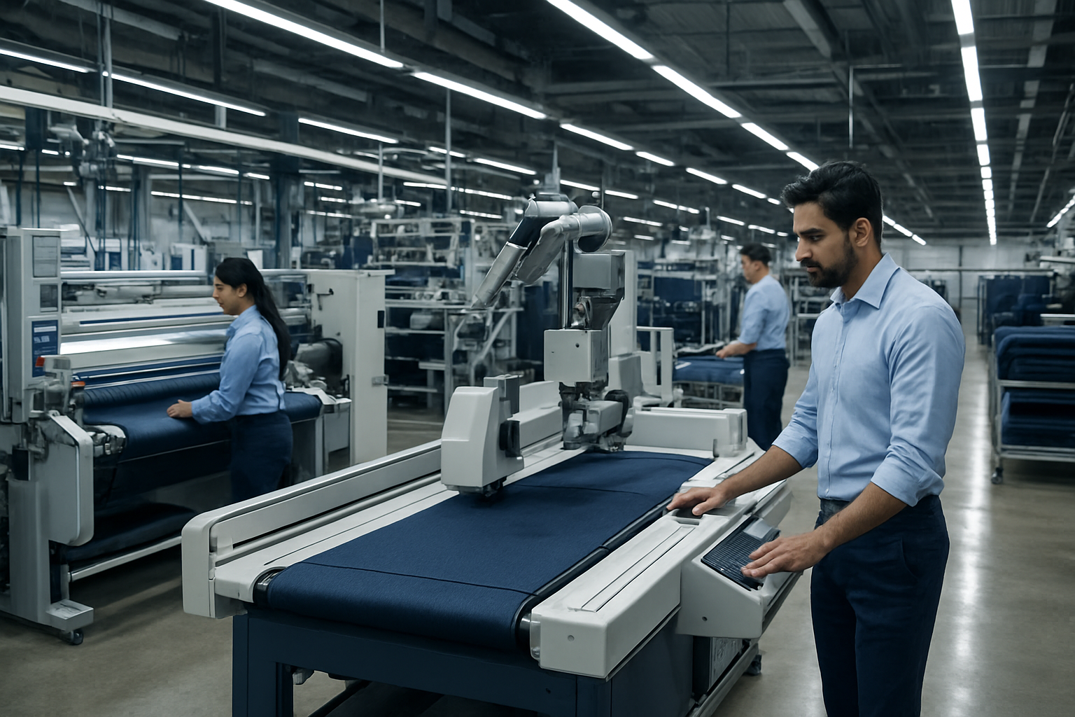Create a realistic image of a modern Indian denim manufacturing facility showcasing advanced technological equipment including automated cutting machines, computerized fabric looms, and robotic systems, with Indian male and female workers in professional attire operating high-tech machinery, featuring sleek industrial lighting, polished concrete floors, and state-of-the-art production lines with denim fabric rolls and finished jeans visible in the background, conveying innovation and efficiency in a clean, well-organized manufacturing environment. Absolutely NO text should be in the scene.