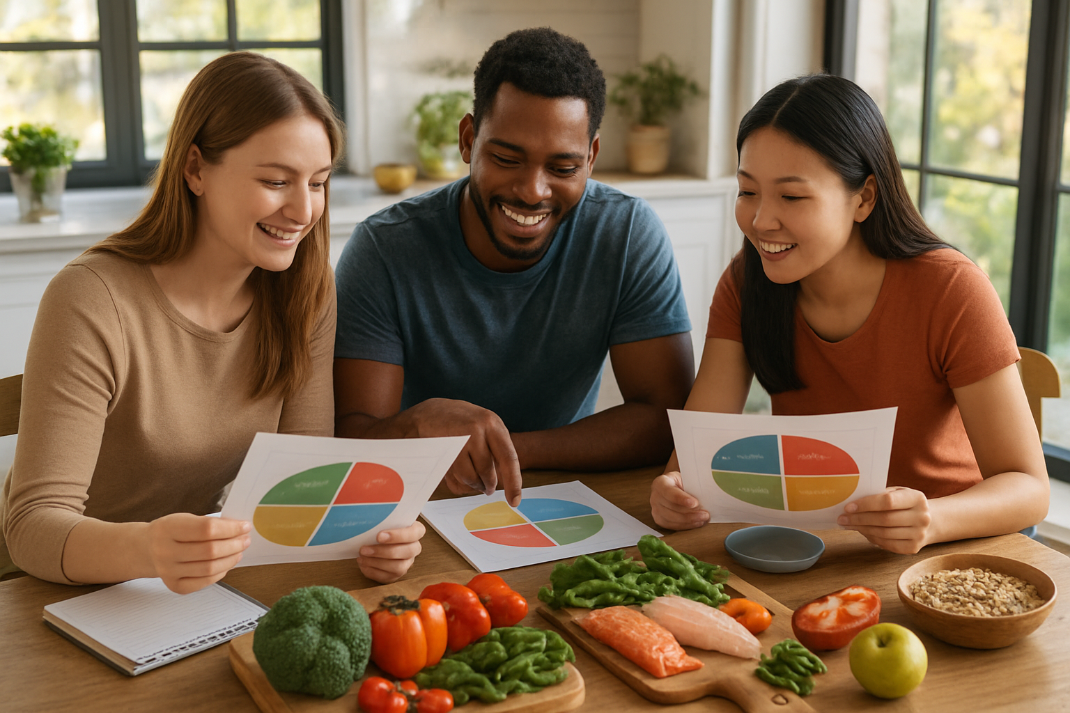 Create a realistic image of a diverse group including a white female, black male, and Asian female sitting around a modern kitchen table reviewing colorful meal planning charts and healthy food portions, with fresh vegetables, fruits, whole grains, and lean proteins artfully arranged on wooden cutting boards, natural sunlight streaming through large windows creating a warm and motivating atmosphere, showing people actively engaged in collaborative diet planning with notebooks and measuring tools visible, kitchen background featuring clean countertops and healthy ingredients, conveying a sense of accomplishment and sustainable lifestyle choices, absolutely NO text should be in the scene.