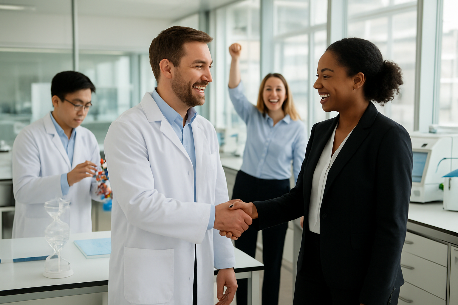 Create a realistic image of a diverse group of biopharma entrepreneurs celebrating success in a modern biotech laboratory, featuring a white male founder in a lab coat shaking hands with a black female investor in business attire, while an Asian male scientist examines molecular models in the background, with state-of-the-art laboratory equipment, DNA helix models, and research charts visible on sleek white lab benches, illuminated by bright natural lighting from large windows, conveying an atmosphere of achievement, innovation, and collaborative success in the biotechnology industry, absolutely NO text should be in the scene.