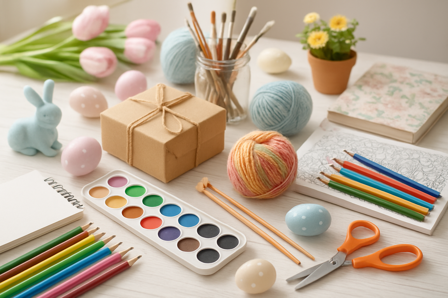 Create a realistic image of a beautifully arranged Easter gift display featuring creative hobby supplies and craft materials including colorful art supplies like paintbrushes, watercolor palettes, sketchbooks, yarn balls, knitting needles, adult coloring books, crafting tools, and hobby kits, all artfully arranged on a clean white wooden surface with soft pastel Easter decorations like painted eggs, spring flowers, and subtle bunny figurines scattered around, captured in bright natural lighting with a warm and inspiring atmosphere that appeals to young adults, shot from a slightly elevated angle to showcase the variety of creative gifts, Absolutely NO text should be in the scene.