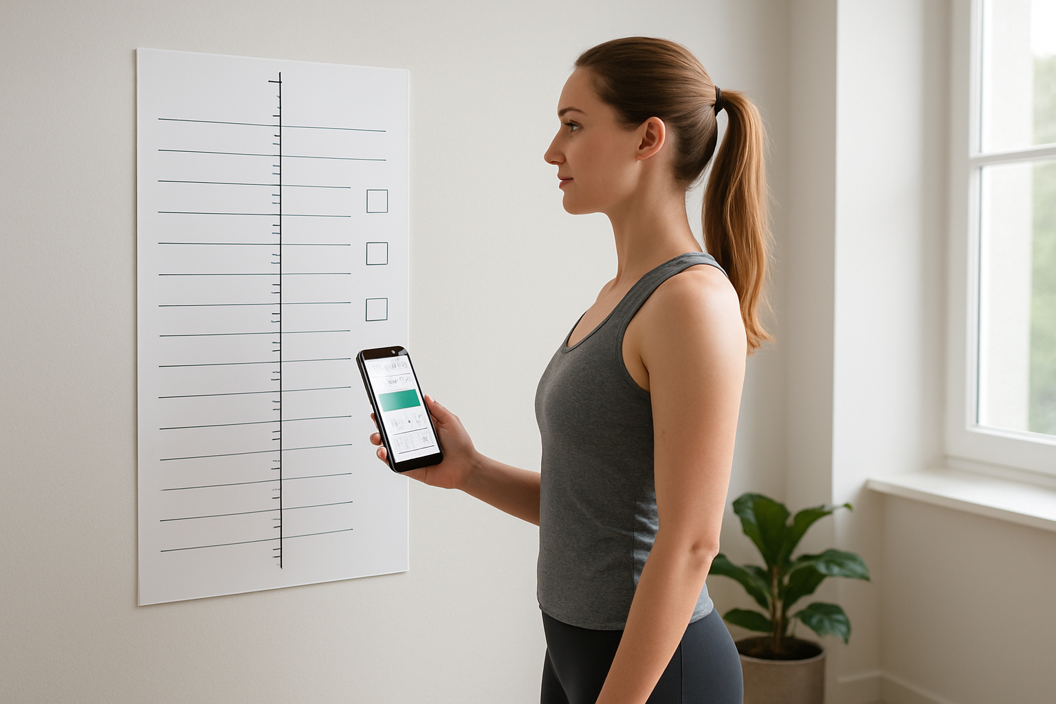 Create a realistic image of a white female in athletic wear standing in profile view demonstrating proper posture alignment next to a wall-mounted posture tracking chart with measurement lines and checkboxes, holding a smartphone displaying a fitness tracking app, with a clean modern home or gym environment in the background featuring natural lighting from a window, conveying a sense of achievement and consistency in health monitoring, absolutely NO text should be in the scene.