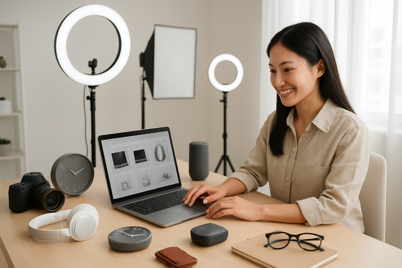 Create a realistic image of a modern workspace setup showing an Asian female entrepreneur sitting at a clean desk with a laptop displaying product listings, surrounded by various e-commerce products like electronics, home goods, and accessories neatly arranged for photography, with professional lighting equipment including ring lights and softboxes in the background, bright and organized home office environment with white walls and natural lighting from a window, conveying productivity and success in online selling, absolutely NO text should be in the scene.