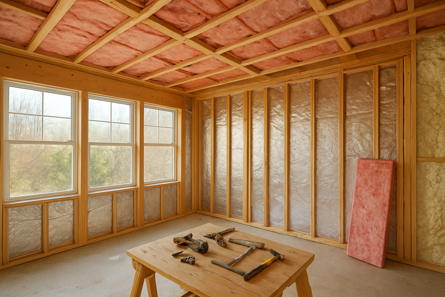 Create a realistic image of a sunroom interior under construction showing exposed ceiling rafters and wall studs with various types of insulation materials being installed, including pink fiberglass batts fitted between wooden ceiling joists, reflective foil-backed insulation panels on the walls, and spray foam insulation visible in corner areas, with natural daylight streaming through large windows, construction tools scattered on a workbench, and a clean, organized workspace atmosphere, absolutely NO text should be in the scene.