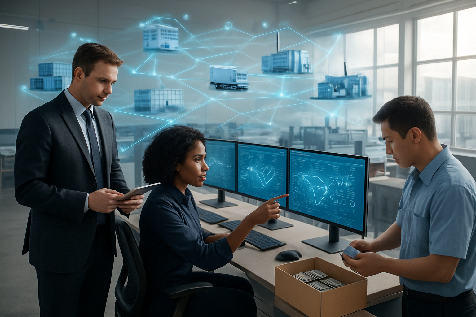 Create a realistic image of a modern, sleek supply chain operations center with interconnected digital networks visualized as glowing blue lines connecting various industrial elements including shipping containers, delivery trucks, manufacturing facilities, and warehouses in the background, featuring a diverse group of professionals including a white male manager in business attire reviewing data on a tablet, a black female logistics coordinator pointing at multiple computer monitors displaying supply chain analytics, and an Asian male quality inspector examining products, all working collaboratively in a bright, clean environment with natural lighting streaming through large windows, conveying efficiency, reliability, and technological advancement, with subtle visual elements like checkmarks, arrows indicating smooth flow, and organized inventory systems that represent streamlined processes and successful supply chain management, absolutely NO text should be in the scene.