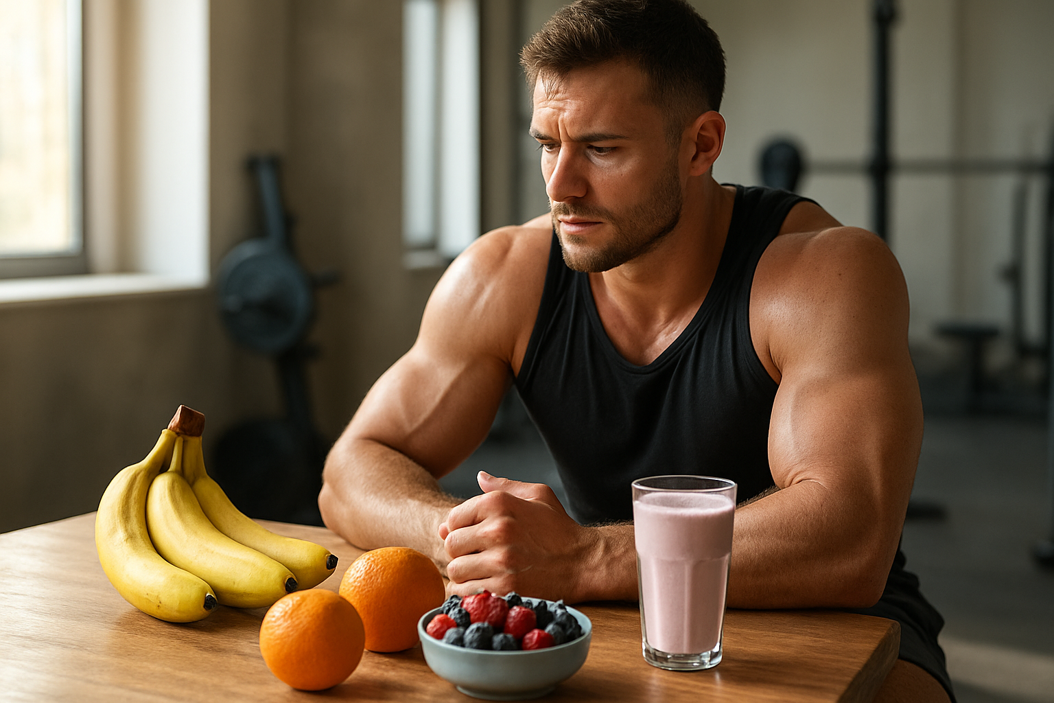 Create a realistic image of a muscular white male athlete in workout clothes sitting at a wooden table after exercise, with fresh fruits like bananas, oranges, berries, and a protein smoothie arranged in front of him, natural lighting streaming through a window, gym equipment visible in the blurred background, conveying post-workout recovery and nutrition, absolutely NO text should be in the scene.