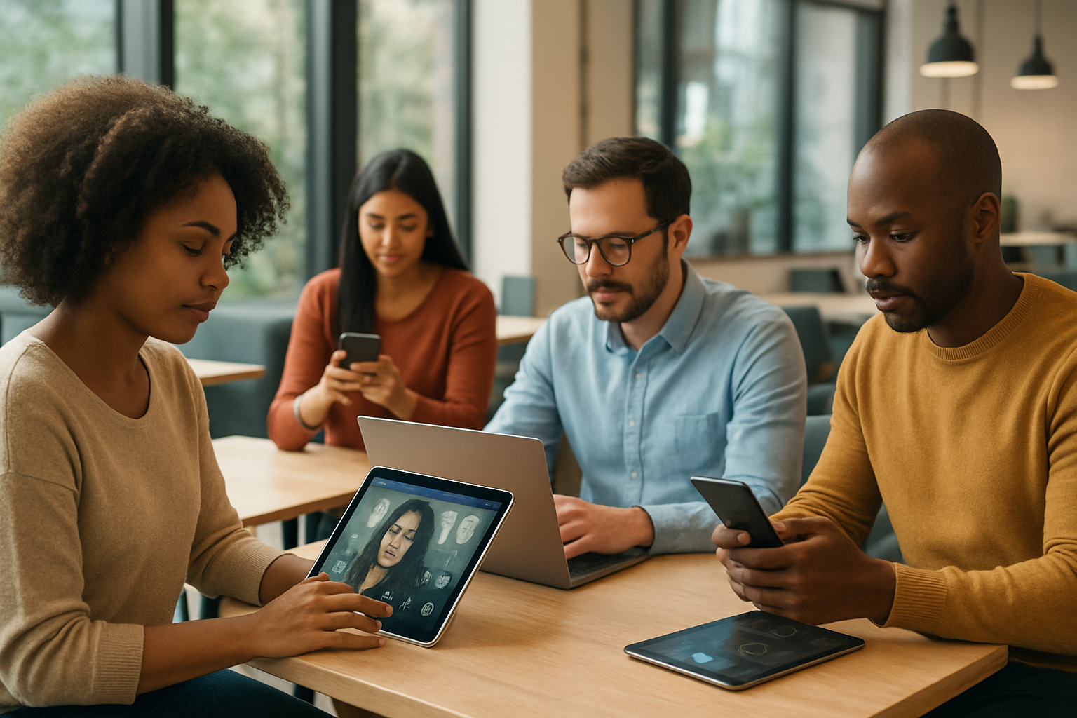 Create a realistic image of diverse people of different races and genders sitting in a modern coworking space using various technological devices including laptops, tablets, and smartphones to connect with online communities, with digital interface elements and connection icons subtly visible on their screens, soft natural lighting from large windows, contemporary furniture, and a collaborative atmosphere showing people engaged in video calls and digital interactions, Absolutely NO text should be in the scene.