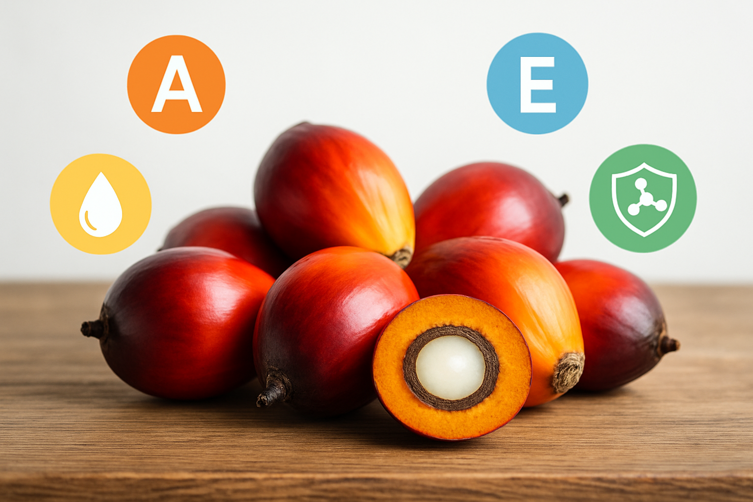 Create a realistic image of fresh red-orange palm fruits arranged on a wooden surface alongside colorful vitamin and nutrient symbols like icons representing vitamins A, E, healthy fats, and antioxidants floating subtly around them, with a clean white background, soft natural lighting highlighting the vibrant colors and textures of the palm fruits, creating a fresh and healthy atmosphere that emphasizes nutritional benefits, absolutely NO text should be in the scene.