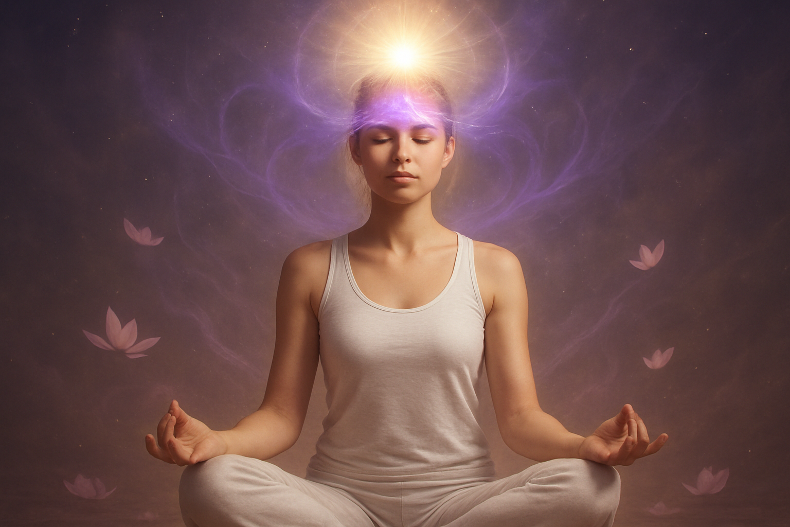 Create a realistic image of a peaceful meditation scene focusing on the upper chakras, featuring a serene white female meditator in lotus position with eyes gently closed, surrounded by soft purple and violet energy swirls around her forehead (third eye area) and golden-white luminous light emanating from the crown of her head, set against a tranquil background with subtle cosmic elements like distant stars or gentle light rays, warm ambient lighting creating a spiritual atmosphere, with floating lotus petals and ethereal energy patterns, absolutely NO text should be in the scene.