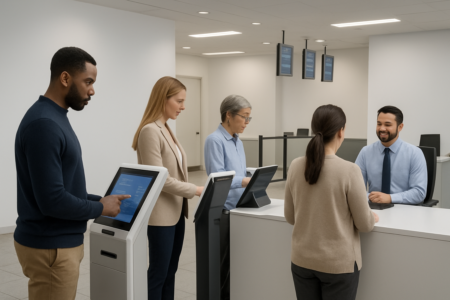 Create a realistic image of a modern government office reception area with sleek digital kiosks and automated service terminals where diverse citizens including a white female, black male, and Asian elderly woman are efficiently using touchscreen interfaces and AI-powered devices to access government services, with clean white walls, professional lighting, organized queuing systems with digital displays showing wait times, government staff members including a Hispanic male clerk assisting at a help desk, contemporary furniture, and a streamlined professional atmosphere that conveys efficiency and technological advancement, absolutely NO text should be in the scene.