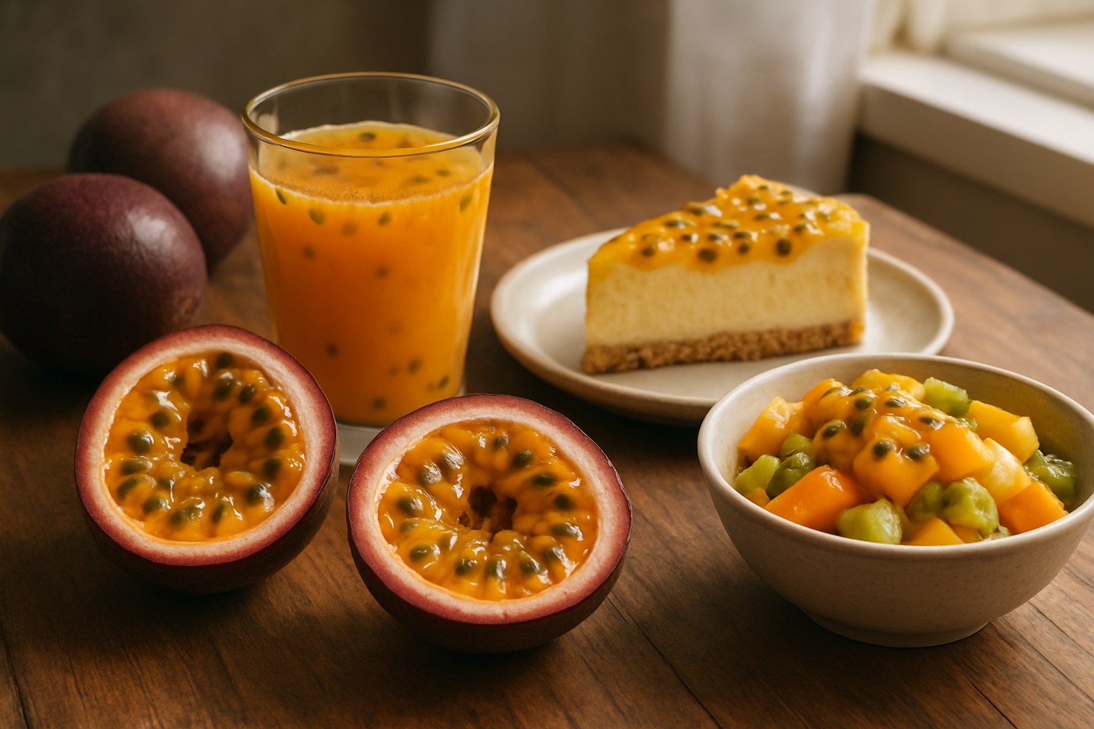 Create a realistic image of fresh passion fruits cut in half displaying their vibrant orange pulp with black seeds, alongside various culinary applications including a glass of tropical passion fruit juice, a slice of passion fruit cheesecake, and a bowl of fruit salad with passion fruit topping, all arranged on a rustic wooden table with soft natural lighting from a window, creating a warm and appetizing atmosphere that showcases the fruit's versatility in cooking and beverages, absolutely NO text should be in the scene.