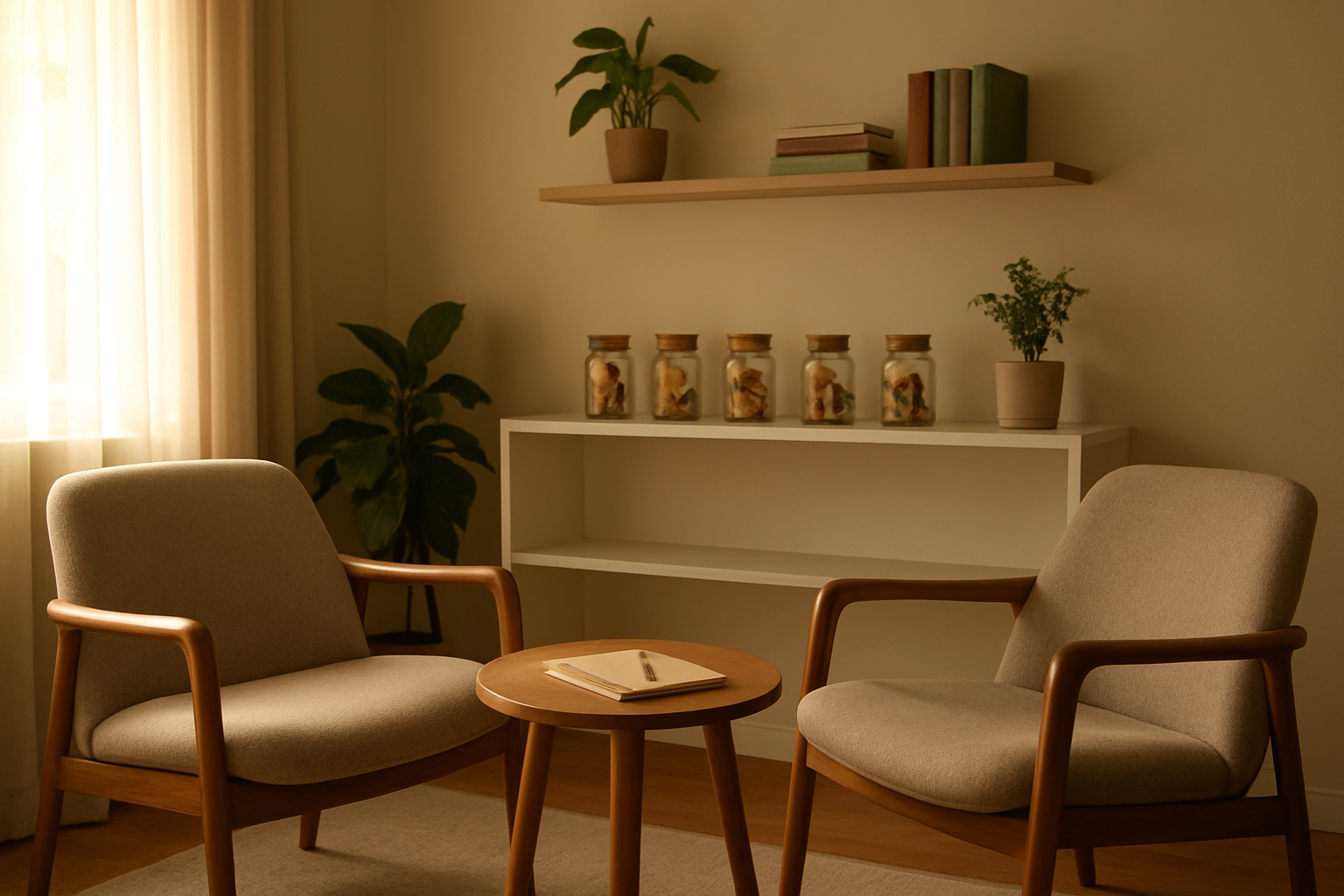 7 Best Magic Mushroom Strains For Therapy - Psychedelic Today Create A Realistic Image Of A Peaceful Therapy Or Wellness Consultation Room With Warm, Soft Natural Lighting Streaming Through A Window, Featuring A Comfortable Seating Area With Two Modern Chairs Facing Each Other, A Small Wooden Side Table With A Notebook And Pen, Several Small Glass Vials Containing Different Dried Mushroom Specimens Neatly Arranged On A Clean White Shelf In The Background, Some Green Plants And Books About Mental Health And Wellness Visible On Floating Shelves, Creating A Professional Yet Calming Therapeutic Atmosphere With Earth Tones And Natural Materials, Absolutely No Text Should Be In The Scene.