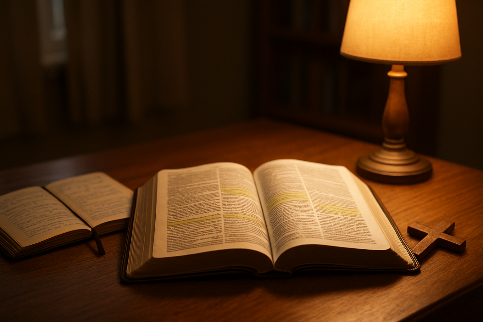Create a realistic image of an open Bible with highlighted verses on a wooden desk, surrounded by complementary study materials including a leather-bound journal with handwritten notes, a wooden cross, and a warm desk lamp casting soft golden light across the scene, set against a peaceful home study background with warm, contemplative lighting that conveys wisdom and spiritual foundation. Absolutely NO text should be in the scene.