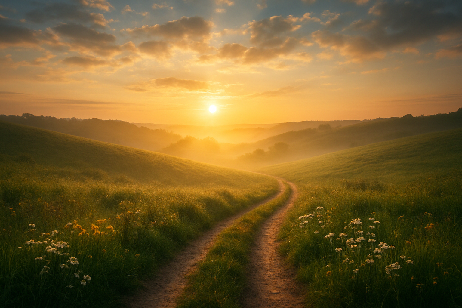 Create a realistic image of a serene dawn landscape with golden sunlight breaking through soft clouds over rolling green hills, featuring a winding path that leads from shadowy foreground into bright illuminated distance, with delicate wildflowers blooming along the pathway, gentle morning mist rising from the valleys, warm golden and soft blue color palette conveying hope and renewal, peaceful and uplifting atmosphere suggesting new beginnings and divine promise, absolutely NO text should be in the scene.