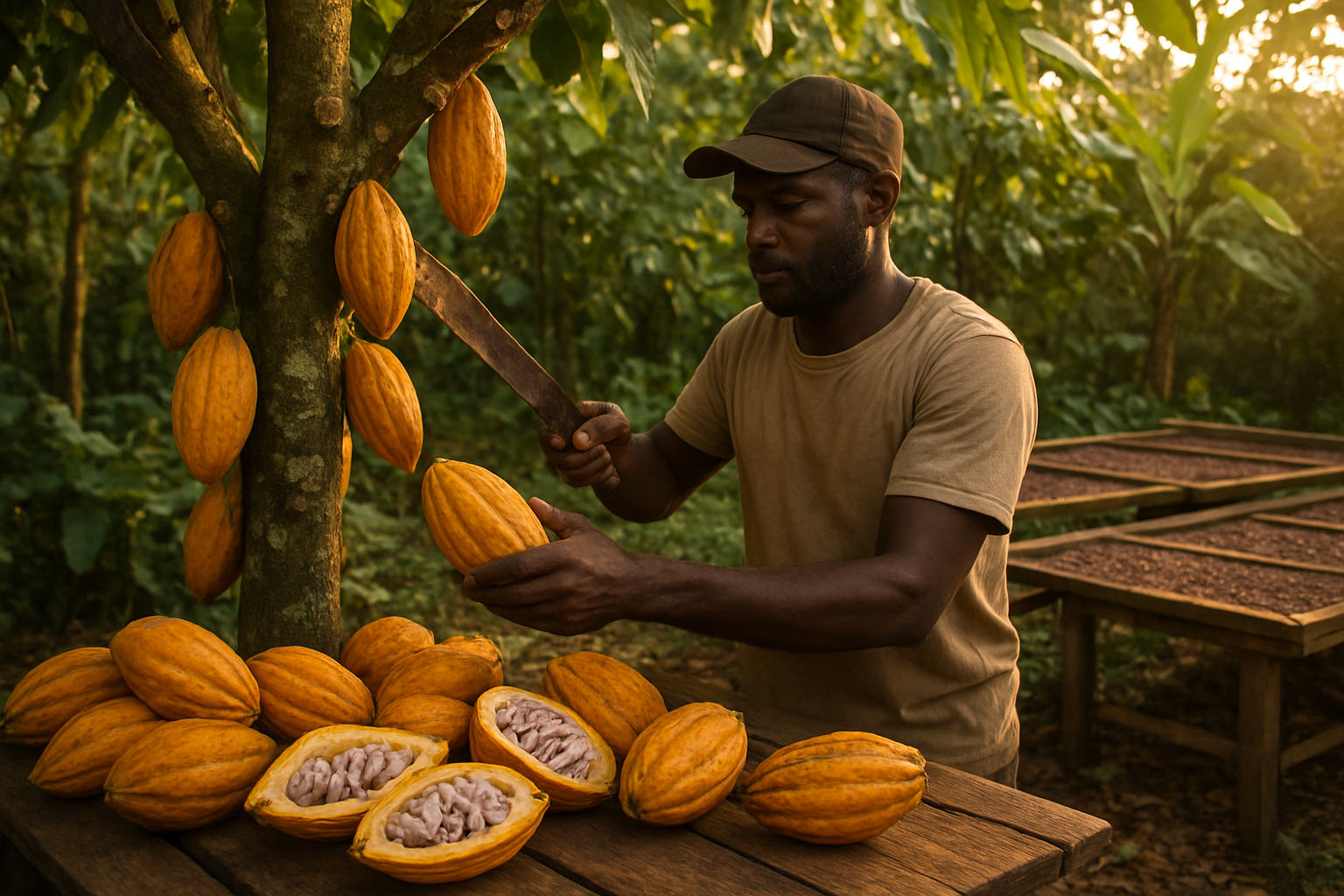 Create a realistic image of skilled workers harvesting ripe cacao pods from tall cacao trees in a tropical plantation, showing a black male farmer using a machete to carefully cut golden-brown cacao pods from the tree trunk, with freshly harvested pods split open on wooden tables revealing purple and white cacao beans inside, traditional drying racks with beans spread under filtered sunlight, lush green tropical foliage in the background, warm golden hour lighting creating an authentic agricultural atmosphere, absolutely NO text should be in the scene.