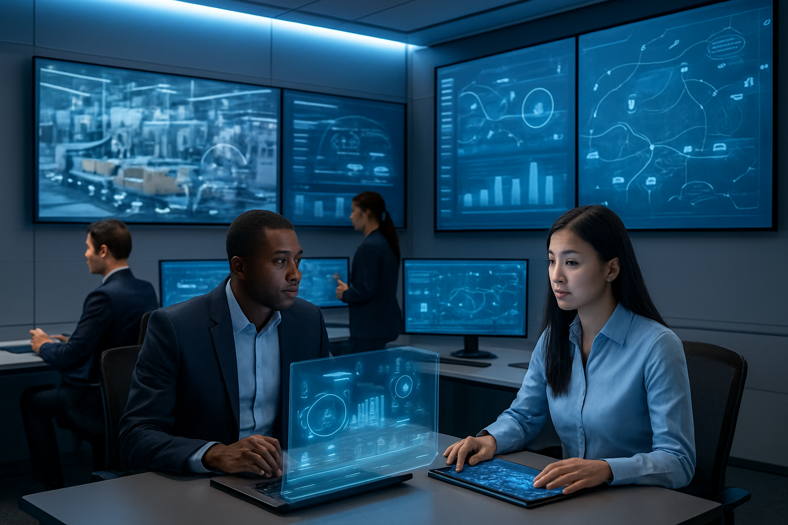 Create a realistic image of a modern logistics control center showing the successful integration of AI technology across all operations, featuring a diverse team of professionals including a black male logistics manager and an Asian female data analyst monitoring multiple large wall-mounted screens displaying real-time warehouse automation with robotic systems, transportation route optimization maps with connected delivery trucks, and predictive analytics dashboards, the scene includes holographic data visualizations floating above sleek control desks with advanced computers and tablets, the environment has a professional high-tech atmosphere with cool blue LED lighting and clean modern architecture, conveying efficiency and innovation in the logistics industry, absolutely NO text should be in the scene.