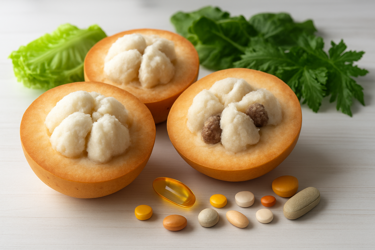 Create a realistic image of fresh santol fruits cut in half displaying their white cotton-like flesh and dark seeds, arranged alongside a colorful assortment of vitamin pills, supplements, and fresh leafy greens on a clean white wooden table, with soft natural lighting from a window creating gentle shadows, emphasizing the nutritional and health aspects of the tropical fruit, absolutely NO text should be in the scene.