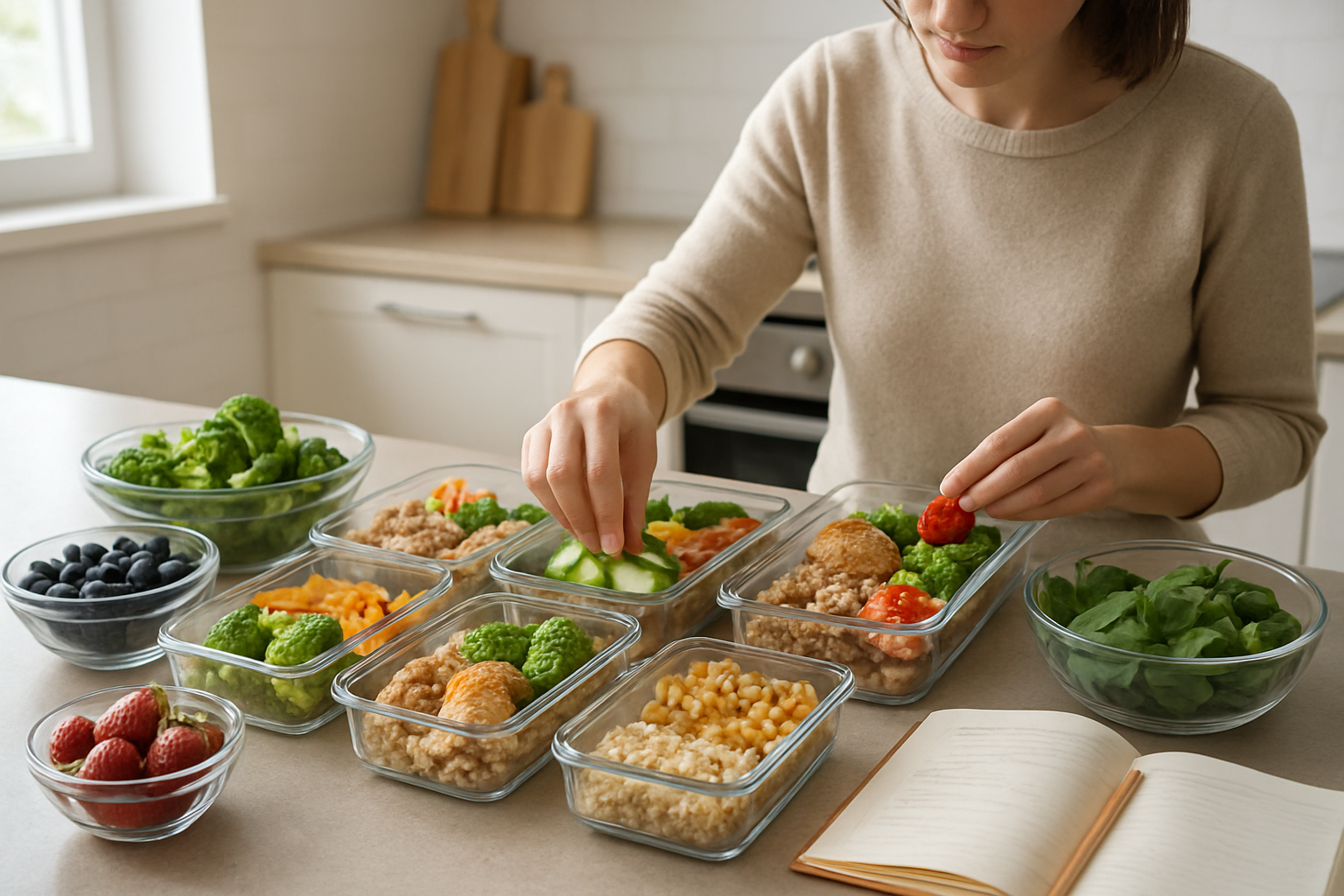 Create a realistic image of a well-organized kitchen counter with a weekly meal planning layout featuring fresh colorful vegetables, fruits, lean proteins, and whole grains arranged in clear glass containers and bowls, alongside an open notebook with handwritten meal schedules, a white female adult carefully portioning ingredients into meal prep containers, natural daylight streaming through a window creating soft shadows, clean modern kitchen background with wooden cutting boards and stainless steel appliances, calm and organized atmosphere suggesting sustainable healthy eating preparation, absolutely NO text should be in the scene.