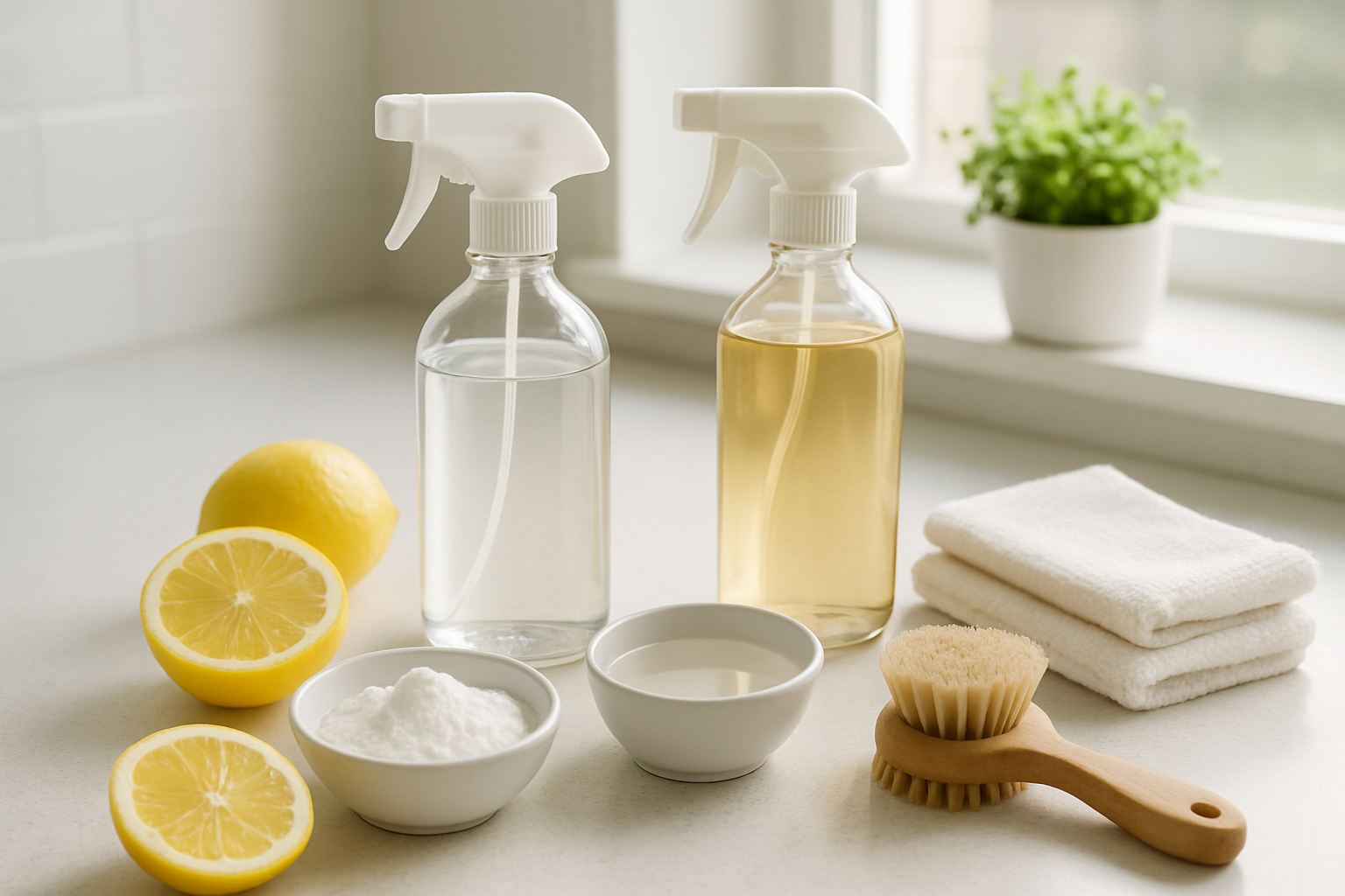 Create a realistic image of various natural cleaning products arranged on a clean white kitchen counter, including glass spray bottles filled with clear and light amber liquids, small bowls containing baking soda and white vinegar, fresh lemons cut in half, a wooden scrub brush, white microfiber cloths, and a small potted plant, with bright natural lighting from a window creating a fresh and clean atmosphere, shot from a slight overhead angle to show the organized display of eco-friendly cleaning supplies, absolutely NO text should be in the scene.