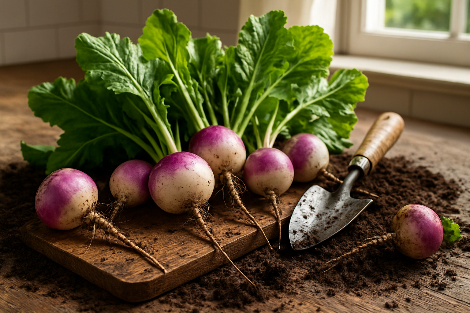 Create a realistic image of fresh purple and white turnips with vibrant green leafy tops arranged on a rustic wooden cutting board, surrounded by rich dark soil and gardening tools including a small hand trowel, with some turnips freshly pulled from the ground showing dirt on their roots, set in a bright kitchen environment with natural sunlight streaming through a window, creating a warm and inviting atmosphere that showcases the journey from garden to table, absolutely NO text should be in the scene.