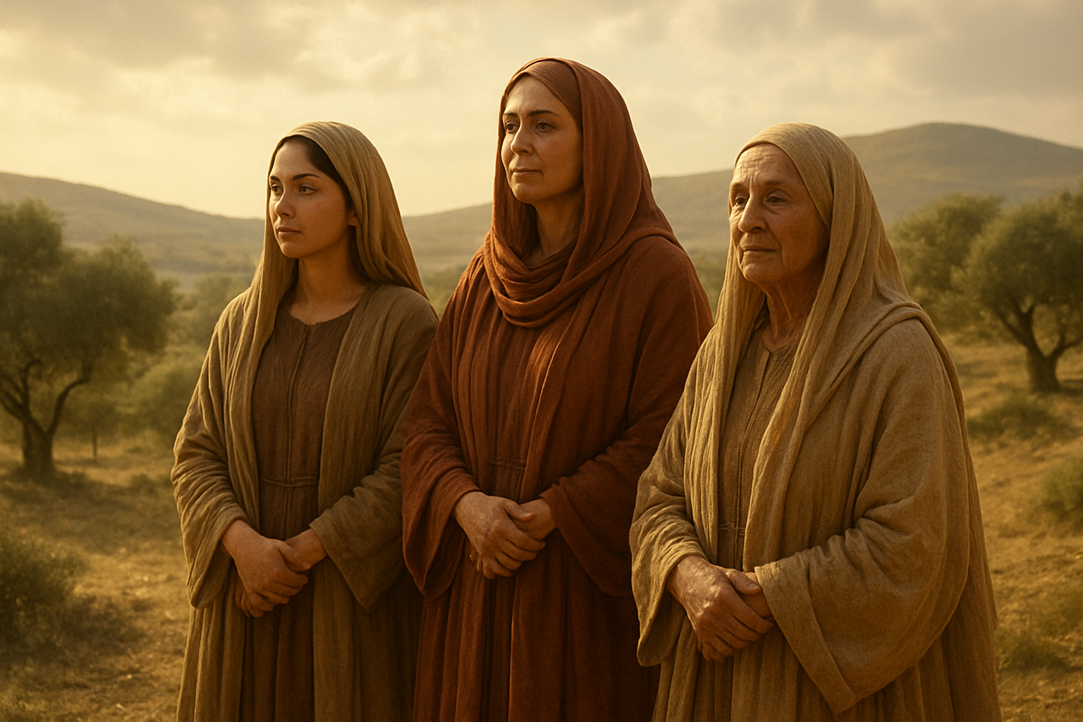 Create a realistic image of three Middle Eastern women of different ages standing together in an ancient desert landscape, wearing flowing robes in earth tones, with gentle sunlight filtering through soft clouds, creating a warm and reverent atmosphere that suggests wisdom and spiritual significance, with rolling hills and olive trees in the background, absolutely NO text should be in the scene.