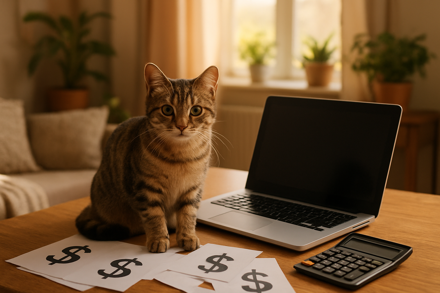 Create a realistic image of a cozy living room scene with a cute tabby cat sitting on a wooden desk next to an open laptop computer, with scattered papers showing dollar signs and calculator nearby, warm natural lighting from a window, houseplants in the background, and a comfortable home atmosphere that suggests researching pet adoption costs, absolutely NO text should be in the scene.
