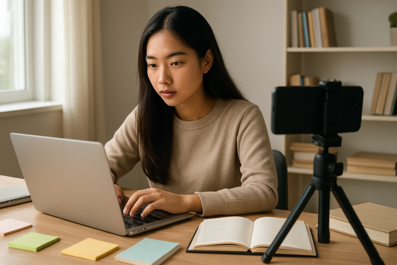 Create a realistic image of a focused Asian female content creator sitting at a modern desk with an open laptop, surrounded by educational materials like notebooks, colorful sticky notes, and reference books, with a smartphone on a tripod positioned for recording, soft natural lighting from a nearby window illuminating the organized workspace, creating a productive and inspiring atmosphere that conveys learning and value creation, absolutely NO text should be in the scene.