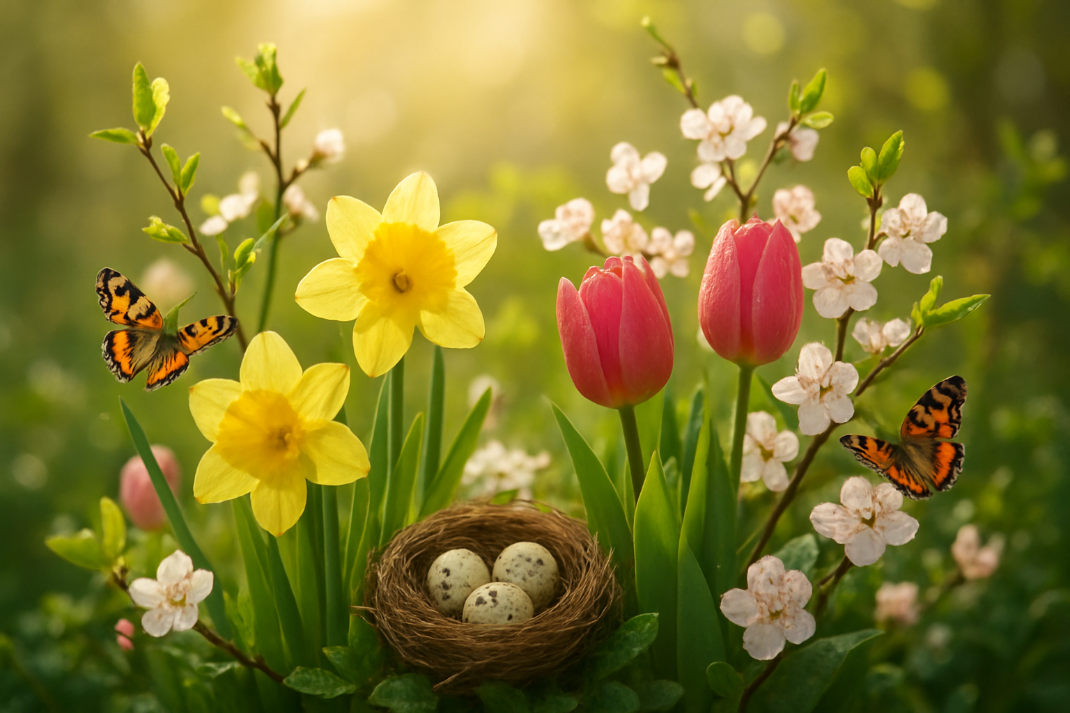 Create a realistic image of fresh spring flowers including daffodils, tulips, and cherry blossoms arranged naturally with bright green new leaves sprouting from branches, a small nest with speckled eggs nestled among the foliage, butterflies with colorful wings resting on petals, soft morning sunlight filtering through the scene creating a warm golden glow, shallow depth of field focusing on the vibrant blooms in the foreground with a blurred garden background, dewdrops glistening on petals and leaves, conveying a sense of renewal and rebirth in nature, absolutely NO text should be in the scene.