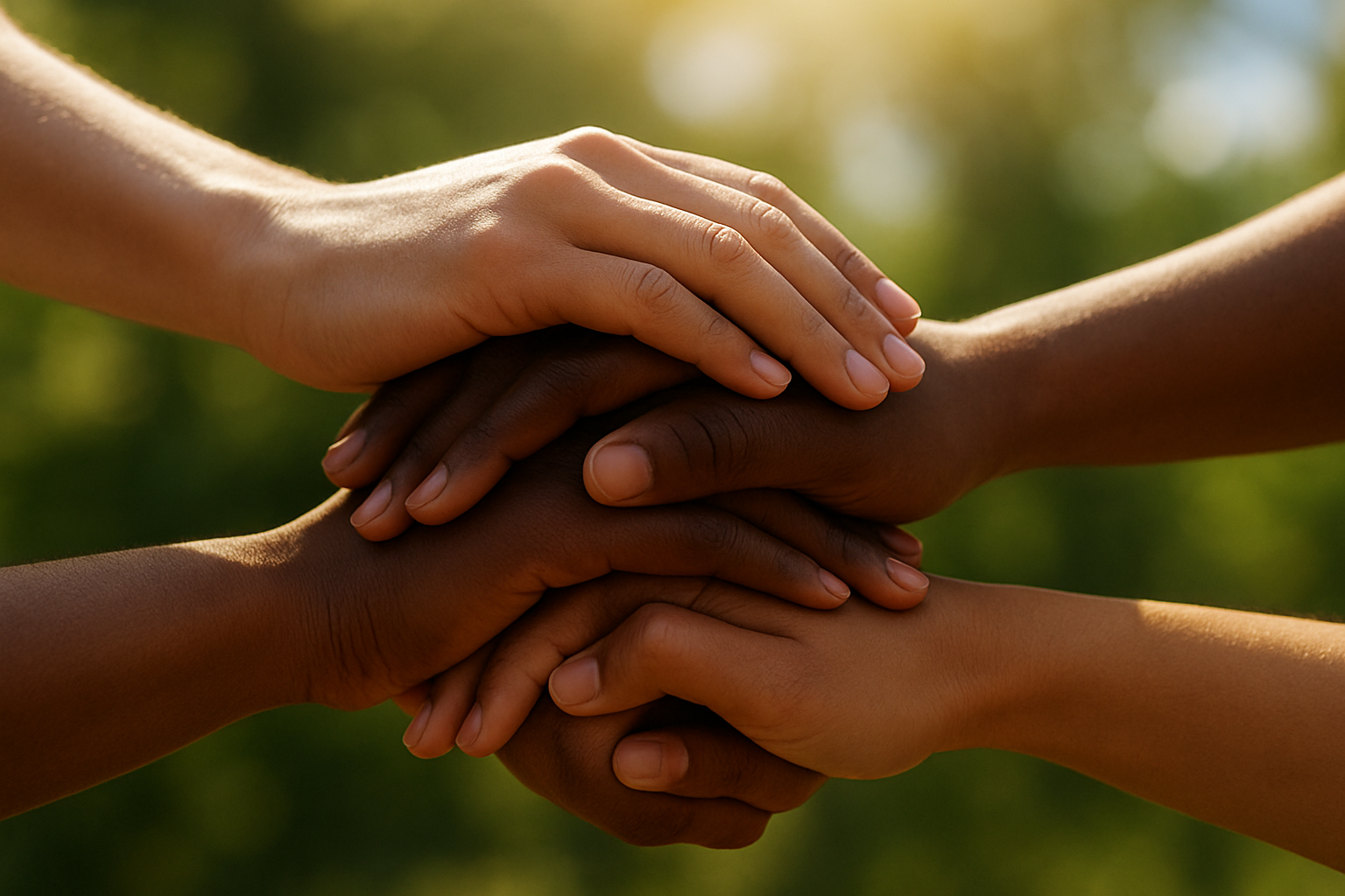 Create a realistic image of diverse hands of different skin tones - white, black, brown, and olive - coming together in the center of the frame in a gesture of unity and support, with warm golden sunlight filtering through from above casting gentle shadows, surrounded by a soft blurred background of green foliage and blue sky, conveying a peaceful and harmonious atmosphere that represents connection, compassion, and human brotherhood, with the hands positioned as if in a group handshake or supportive embrace, absolutely NO text should be in the scene.